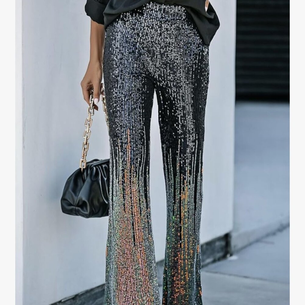 EVALESS Women High Waist Sparkly 70's Disco Wide Leg Flare Sequin Pants Lounge